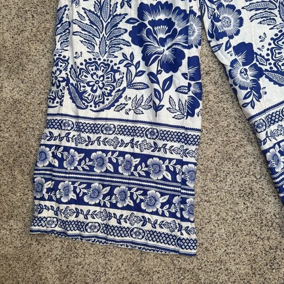 Rachel Zoe Linen Blend Wide Leg Flowy Floral Pants Blue & White Size S Beach - Picture 6 of 13